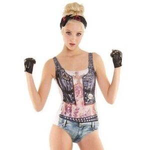 FAUX REAL Biker Fun Tattoo Harley Davidson Leather Funny One Piece Swimsuit XL